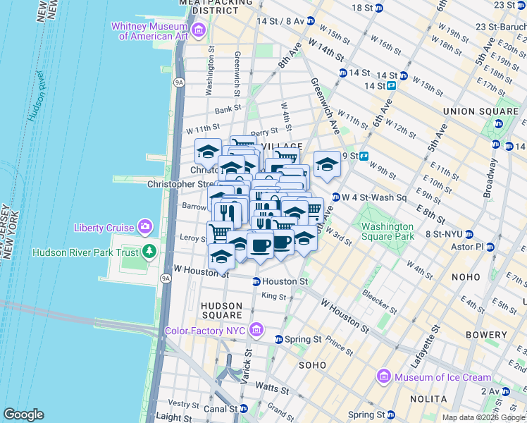 map of restaurants, bars, coffee shops, grocery stores, and more near 51 Morton Street in New York