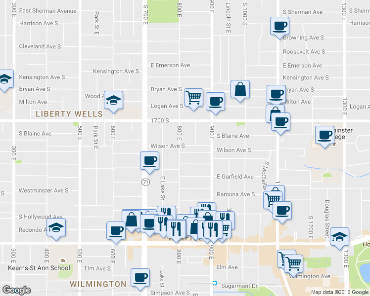 map of restaurants, bars, coffee shops, grocery stores, and more near 841 Downington Avenue South in Salt Lake City