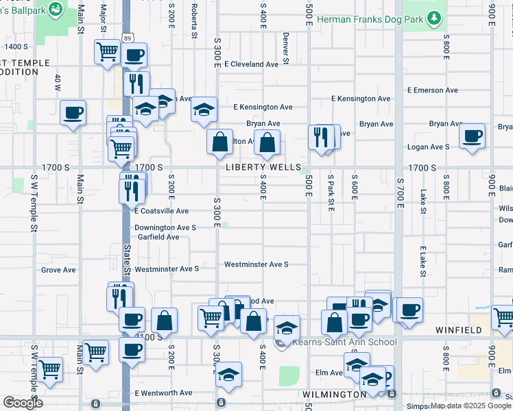 map of restaurants, bars, coffee shops, grocery stores, and more near 361 Downington Avenue South in Salt Lake City