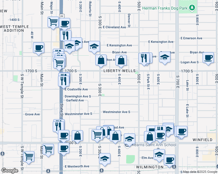 map of restaurants, bars, coffee shops, grocery stores, and more near 361 Downington Avenue South in Salt Lake City