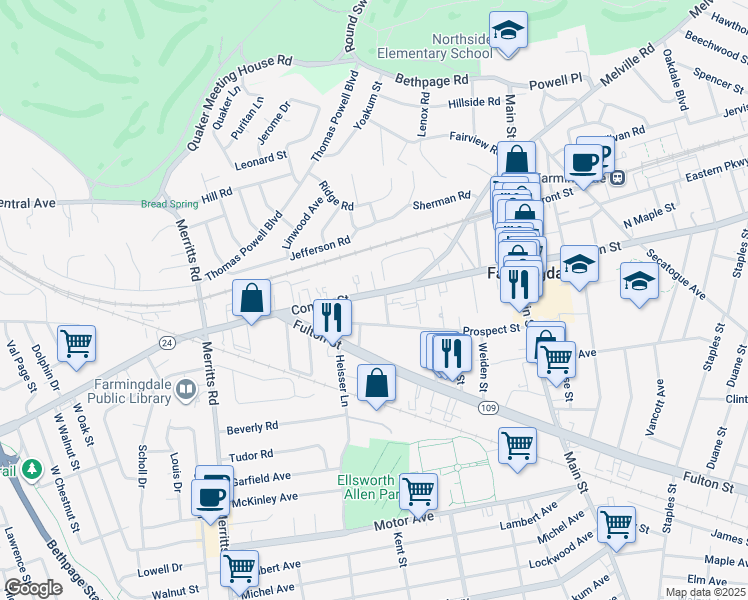 map of restaurants, bars, coffee shops, grocery stores, and more near 12 Laurelton Street in Farmingdale