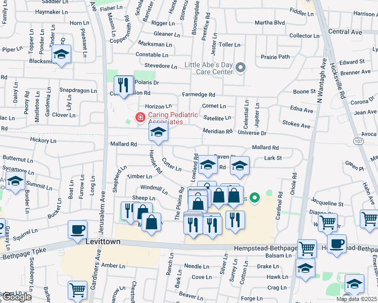 map of restaurants, bars, coffee shops, grocery stores, and more near 26 Wagon Lane in Levittown