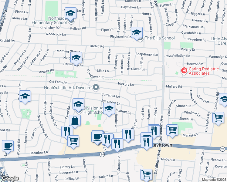 map of restaurants, bars, coffee shops, grocery stores, and more near 66 Butternut Lane in Levittown