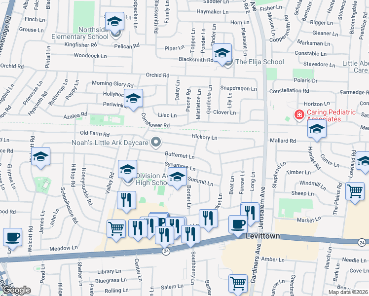 map of restaurants, bars, coffee shops, grocery stores, and more near 66 Butternut Lane in Levittown