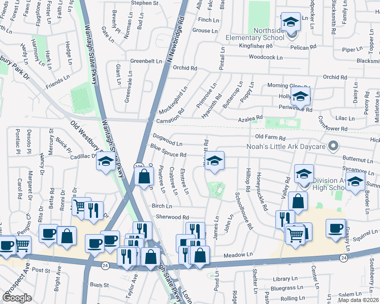 map of restaurants, bars, coffee shops, grocery stores, and more near 53 Elmtree Lane in Levittown