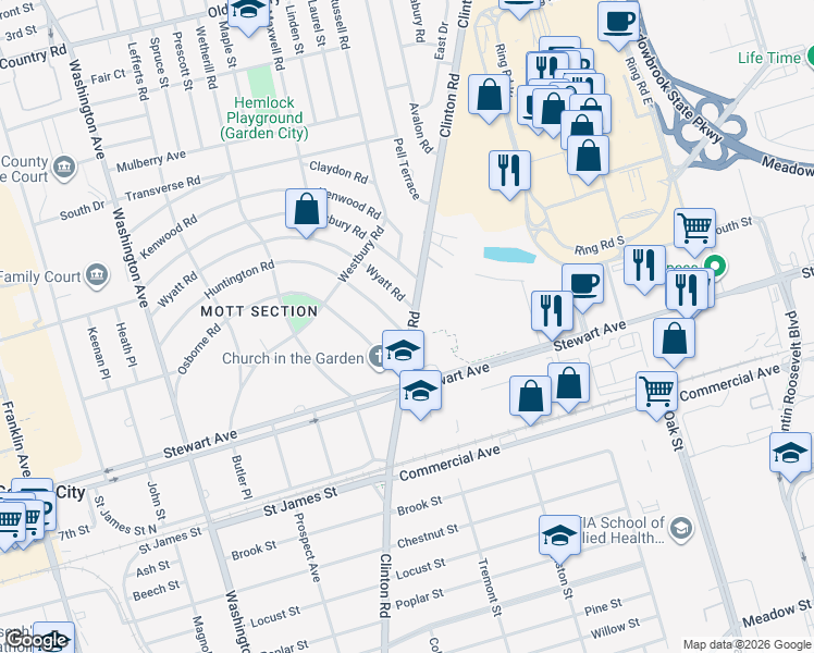map of restaurants, bars, coffee shops, grocery stores, and more near 69 Osborne Road in Garden City