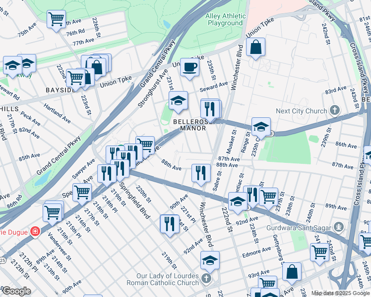 map of restaurants, bars, coffee shops, grocery stores, and more near 230-26 87th Avenue in Queens