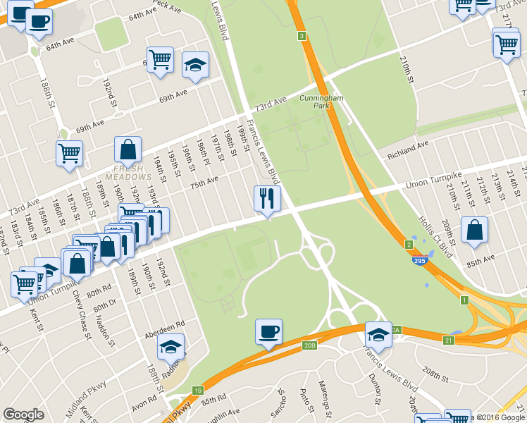 map of restaurants, bars, coffee shops, grocery stores, and more near 18910 Union Turnpike in Queens