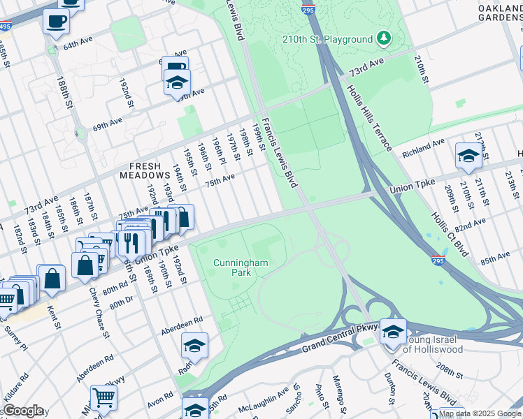 map of restaurants, bars, coffee shops, grocery stores, and more near 19600 Union Turnpike in Queens