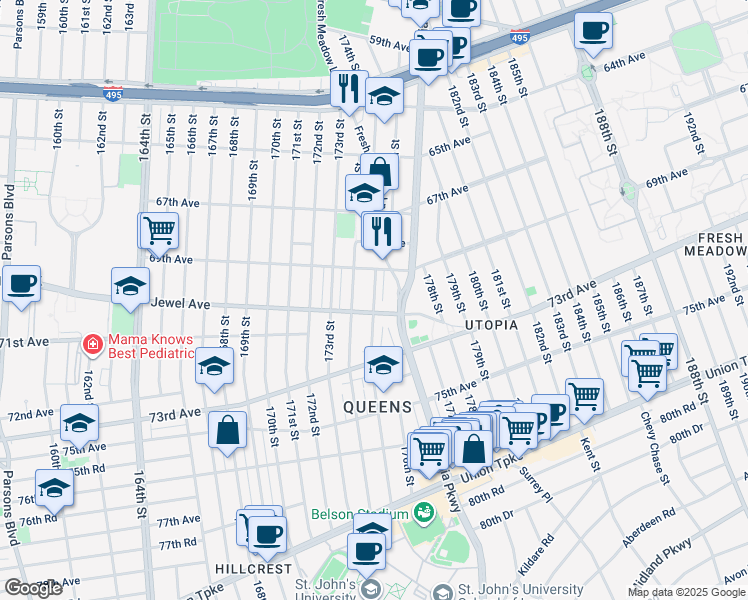 map of restaurants, bars, coffee shops, grocery stores, and more near 174-08 Jewel Avenue in Queens