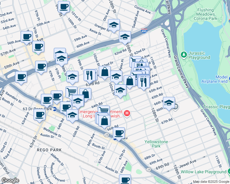 map of restaurants, bars, coffee shops, grocery stores, and more near 99-55 64th Road in Queens