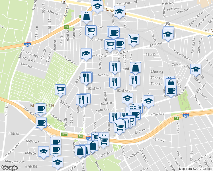 map of restaurants, bars, coffee shops, grocery stores, and more near 53-12 68th Street in Queens