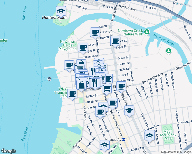 map of restaurants, bars, coffee shops, grocery stores, and more near 127 Kent Street in Brooklyn