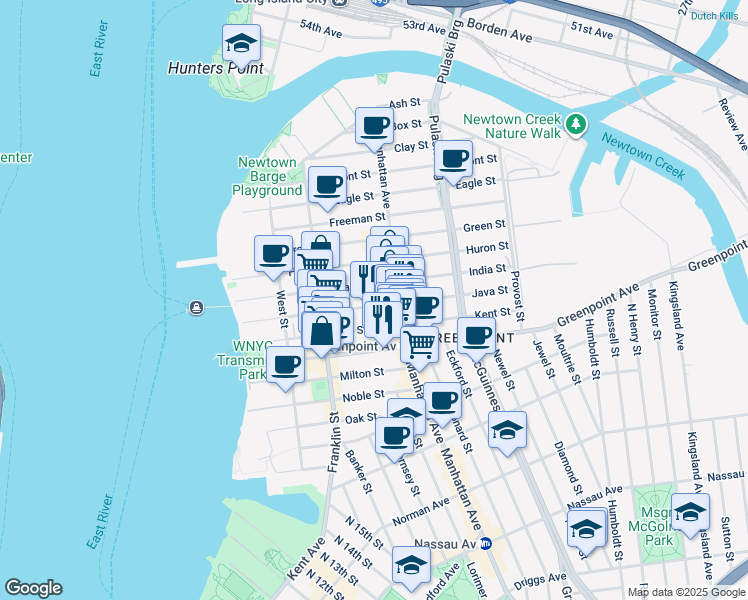 map of restaurants, bars, coffee shops, grocery stores, and more near 127 Kent Street in Brooklyn