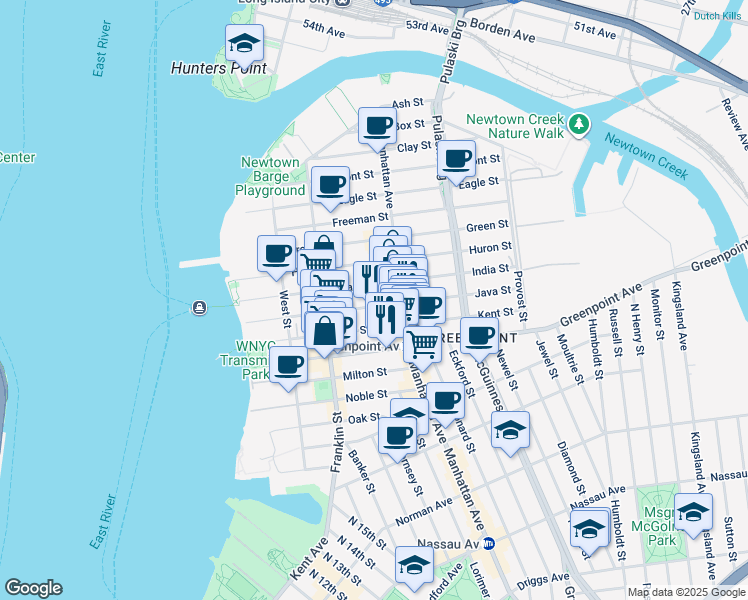map of restaurants, bars, coffee shops, grocery stores, and more near 127 Kent Street in Brooklyn