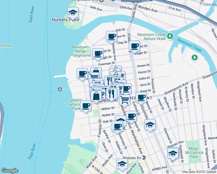 map of restaurants, bars, coffee shops, grocery stores, and more near 127 Kent Street in Brooklyn