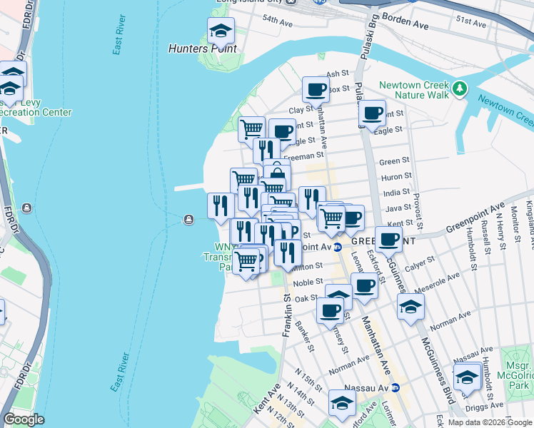 map of restaurants, bars, coffee shops, grocery stores, and more near 122 West Street in Brooklyn