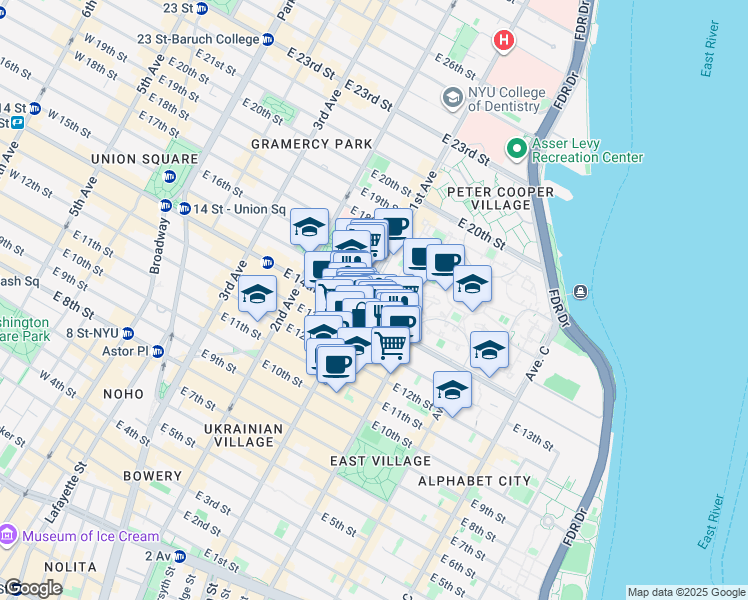 map of restaurants, bars, coffee shops, grocery stores, and more near 419 East 14th Street in New York