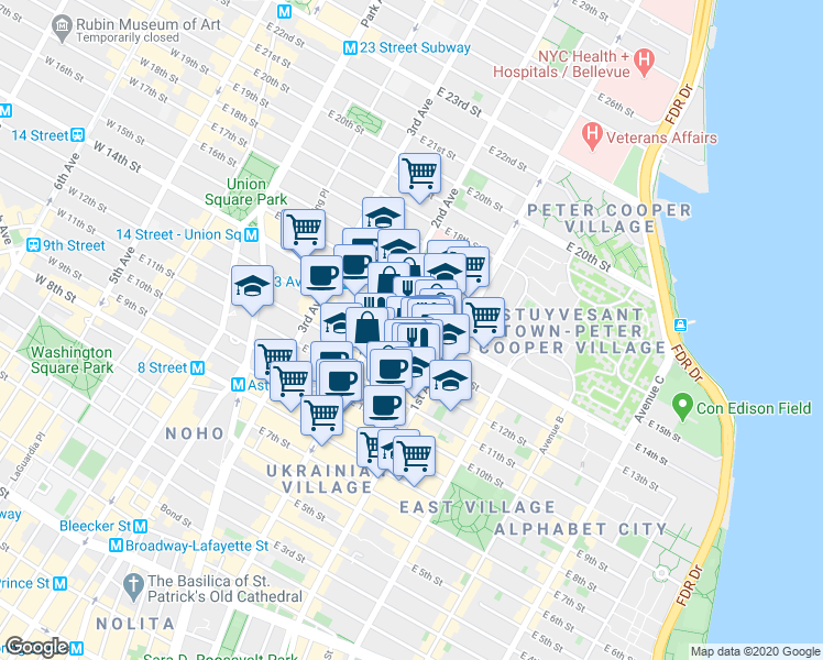 map of restaurants, bars, coffee shops, grocery stores, and more near 324 East 13th Street in New York