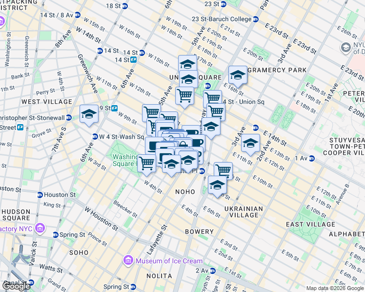 map of restaurants, bars, coffee shops, grocery stores, and more near 58 East 8th Street in New York