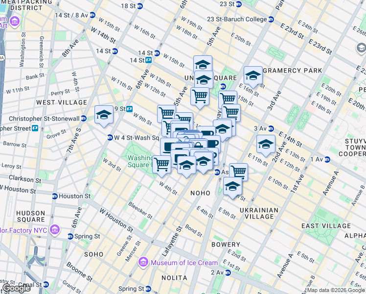 map of restaurants, bars, coffee shops, grocery stores, and more near 58 East 8th Street in New York