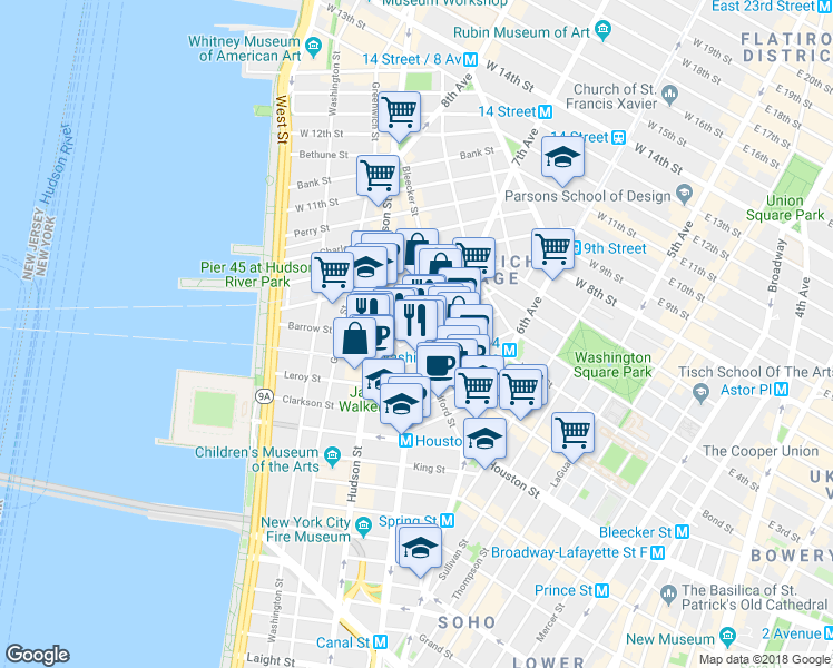 map of restaurants, bars, coffee shops, grocery stores, and more near 51 Morton Street in New York