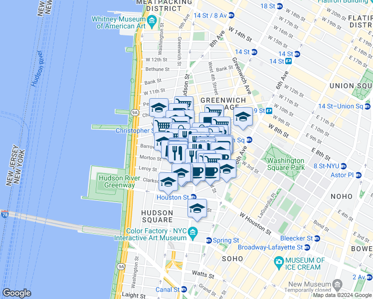 map of restaurants, bars, coffee shops, grocery stores, and more near 51 Morton Street in New York