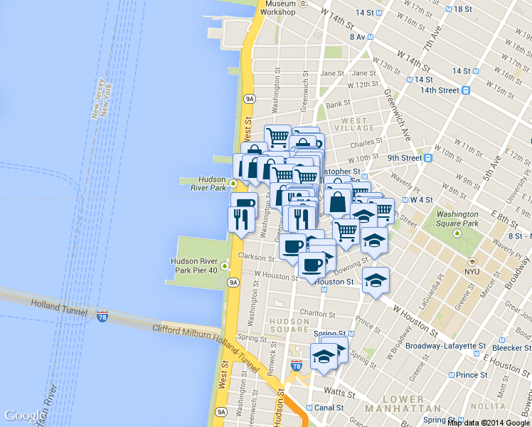 map of restaurants, bars, coffee shops, grocery stores, and more near 6 Morton Street in New York