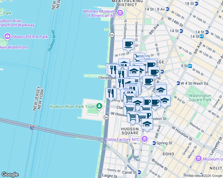 map of restaurants, bars, coffee shops, grocery stores, and more near 100 Morton Street in New York