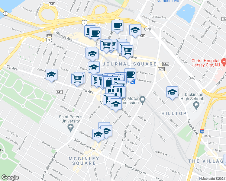 map of restaurants, bars, coffee shops, grocery stores, and more near 140 Sip Avenue in Jersey City
