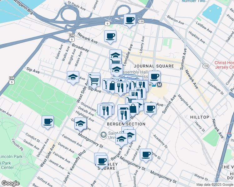 map of restaurants, bars, coffee shops, grocery stores, and more near 2779 John F. Kennedy Boulevard in North Bergen