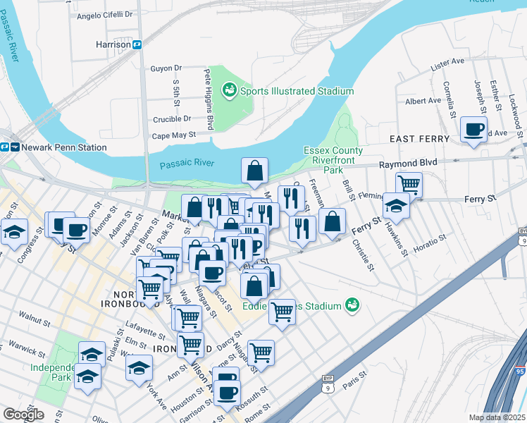 map of restaurants, bars, coffee shops, grocery stores, and more near 52 Providence Street in Newark