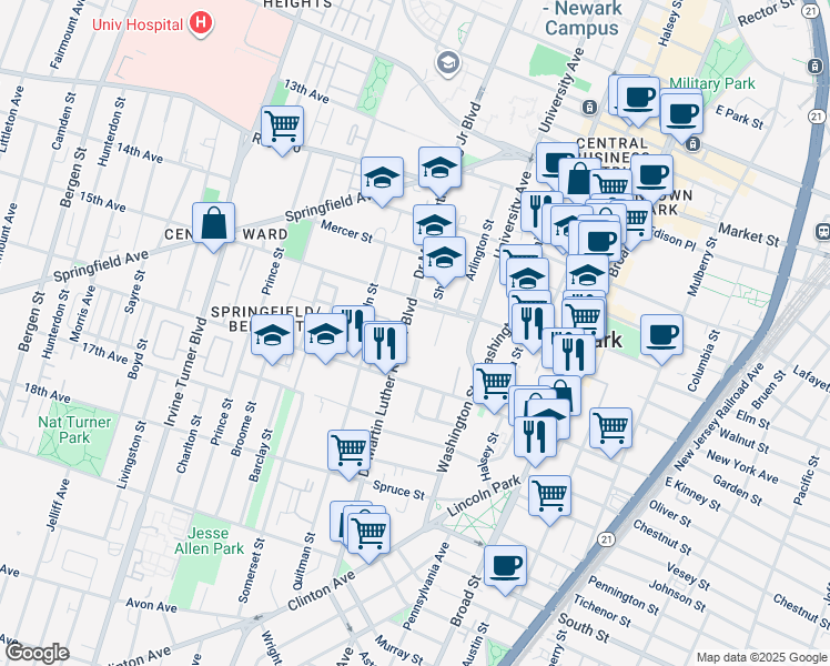 map of restaurants, bars, coffee shops, grocery stores, and more near 116 Baldwin Street in Newark