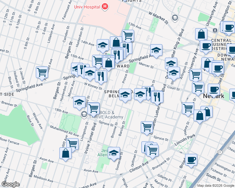 map of restaurants, bars, coffee shops, grocery stores, and more near in Newark