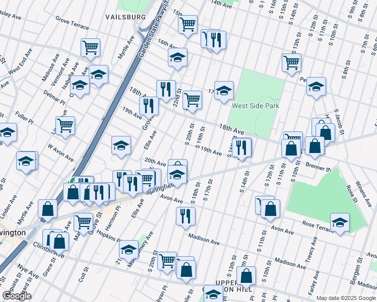 map of restaurants, bars, coffee shops, grocery stores, and more near 743 South 20th Street in Newark