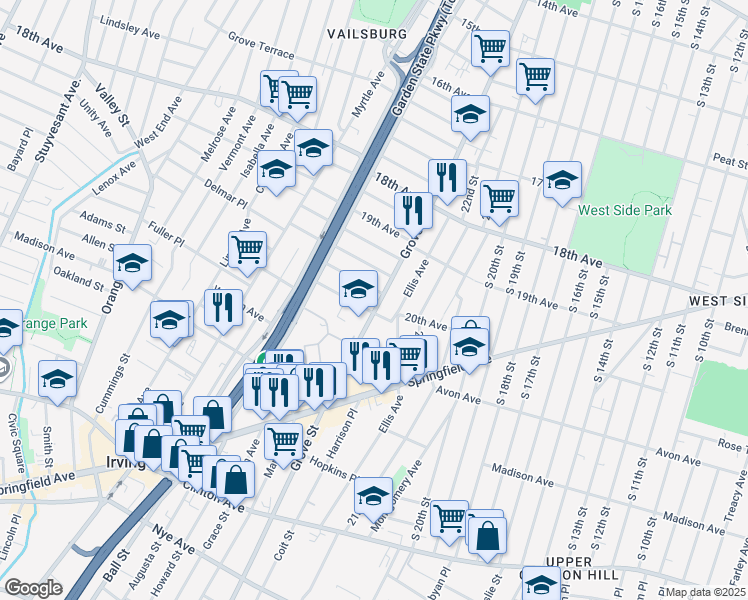 map of restaurants, bars, coffee shops, grocery stores, and more near 802 Grove Street in Irvington
