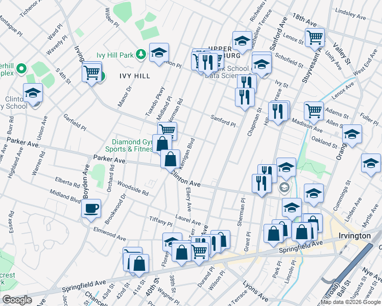 map of restaurants, bars, coffee shops, grocery stores, and more near 101 Ellery Avenue in Irvington