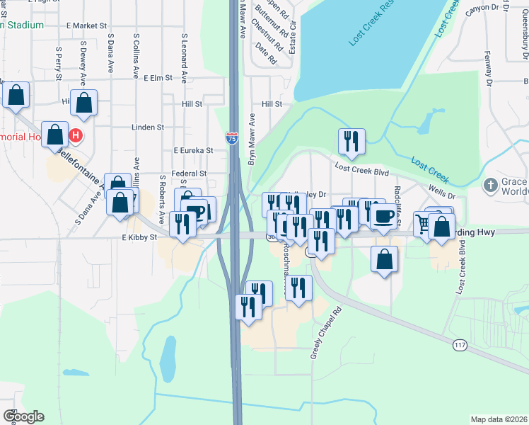 map of restaurants, bars, coffee shops, grocery stores, and more near 716 Saratoga Ave in Lima