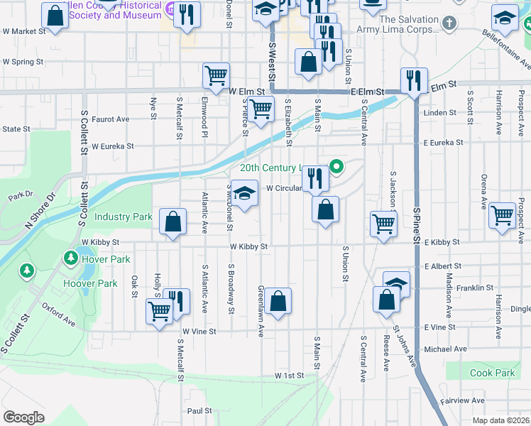 map of restaurants, bars, coffee shops, grocery stores, and more near 664 South West Street in Lima