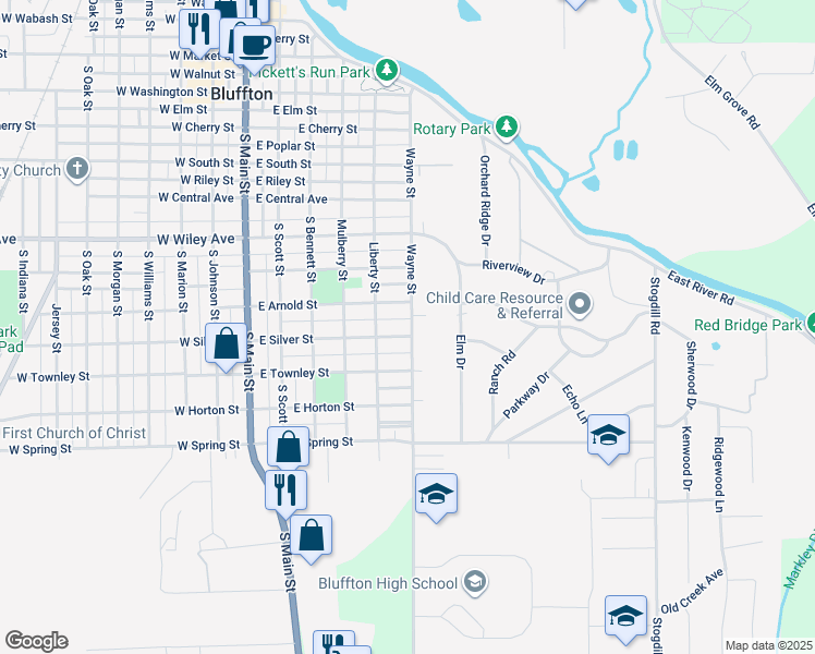map of restaurants, bars, coffee shops, grocery stores, and more near 2889 Mulberry Street in Bluffton
