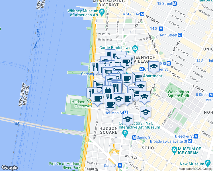 map of restaurants, bars, coffee shops, grocery stores, and more near 6 Morton Street in New York