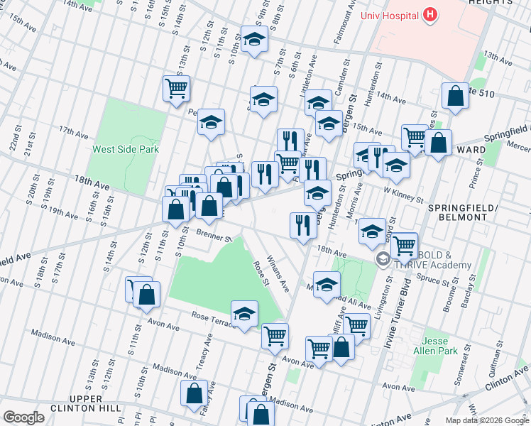 map of restaurants, bars, coffee shops, grocery stores, and more near 399-443 Springfield Avenue in Newark