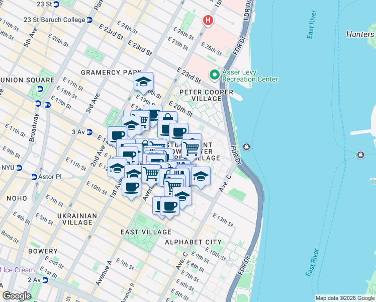 map of restaurants, bars, coffee shops, grocery stores, and more near 252 1st Avenue in New York