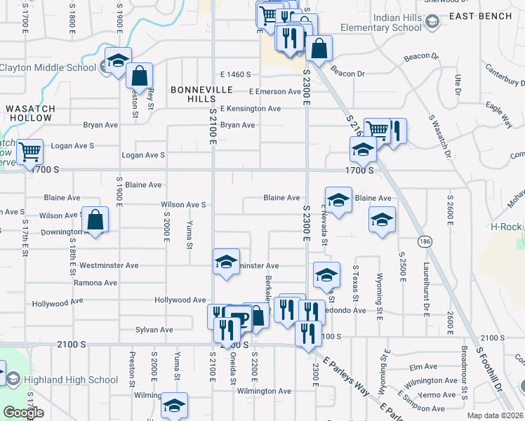 map of restaurants, bars, coffee shops, grocery stores, and more near 2195 Wilson Avenue South in Salt Lake City