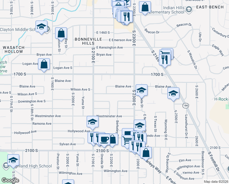 map of restaurants, bars, coffee shops, grocery stores, and more near 2195 Wilson Avenue South in Salt Lake City