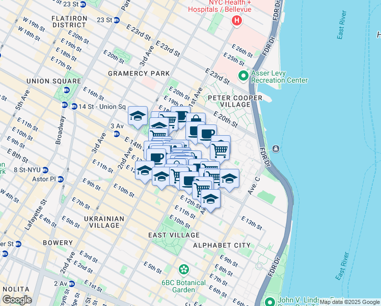 map of restaurants, bars, coffee shops, grocery stores, and more near 447 East 14th Street in New York