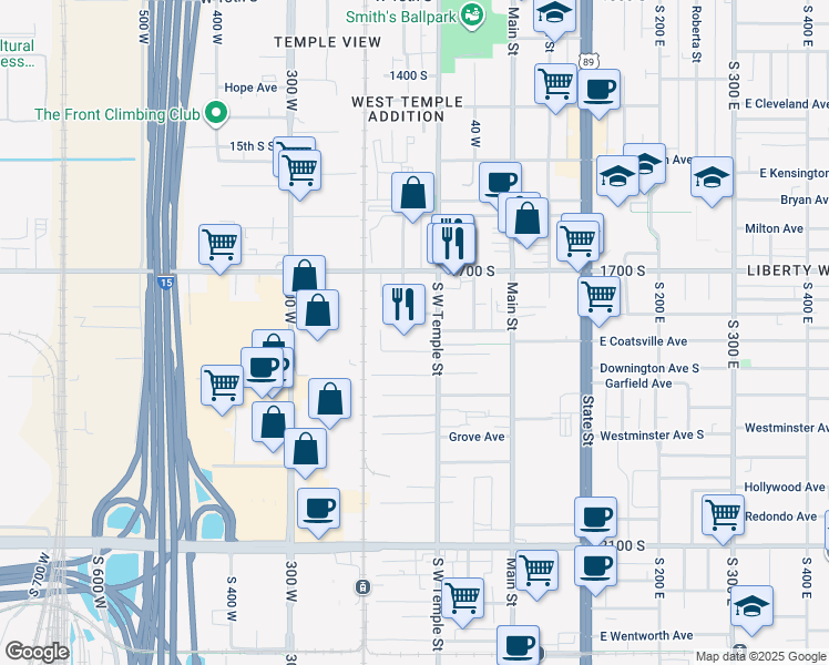 map of restaurants, bars, coffee shops, grocery stores, and more near 1812 South West Temple in Salt Lake City