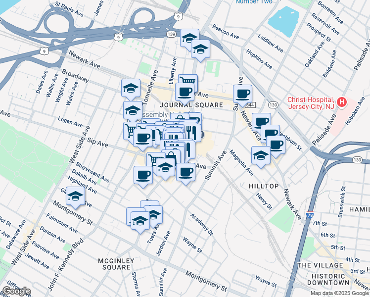map of restaurants, bars, coffee shops, grocery stores, and more near 3 Journal Square Plaza in Jersey City