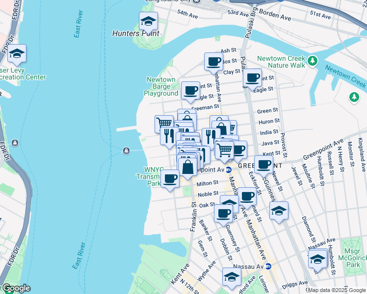 map of restaurants, bars, coffee shops, grocery stores, and more near 170 Franklin Street in Brooklyn