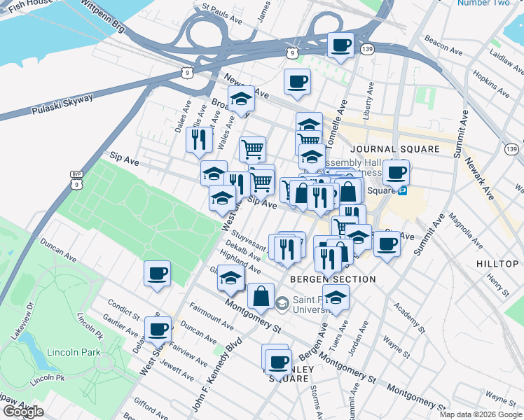 map of restaurants, bars, coffee shops, grocery stores, and more near 21 Van Wagenen Avenue in Jersey City